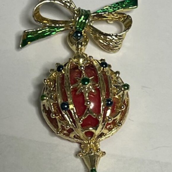 VTG Christmas Ball Ornament Brooch Enamel & Acrylic Movable Brooch Pin 1"x2.25 - Picture 5 of 13